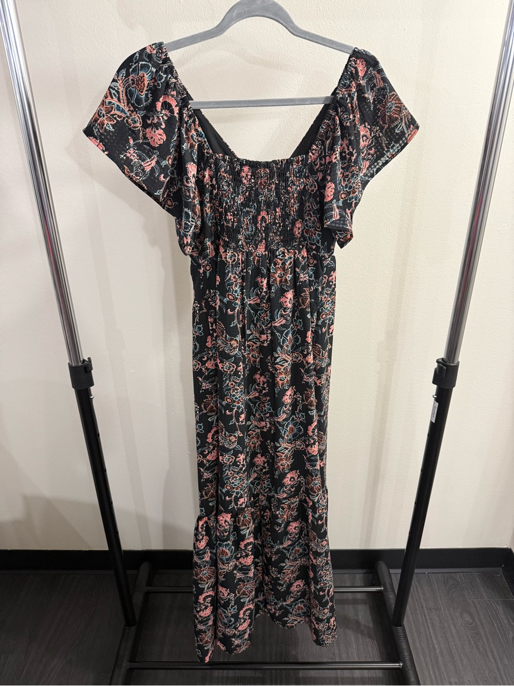 Universal Thread Black Maxi Dress with Pink Floral Print